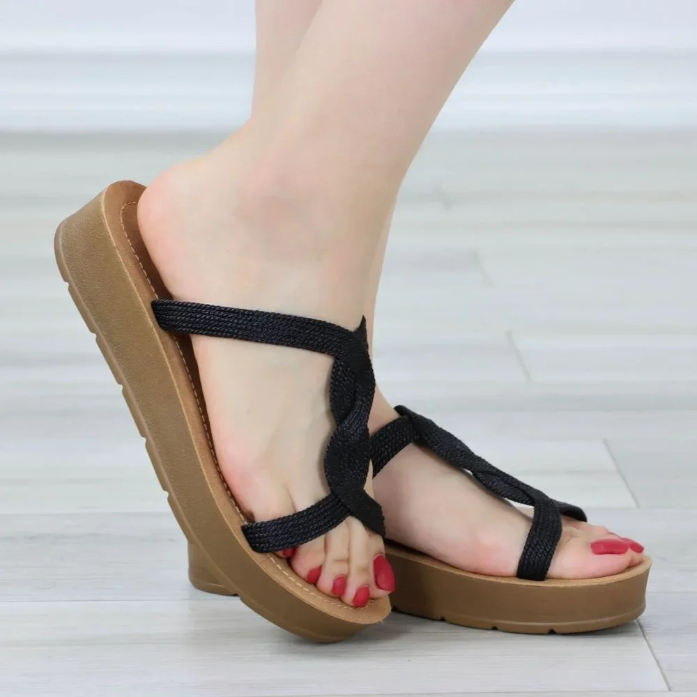 Black Women's T-Strap Gladiator Comfort Sandal Slip On Sliders Fabric Straps - Picture 3 of 11